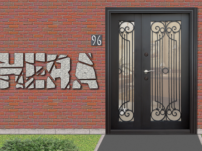 Metallic door, 2016. Standard sizes: 2050x1200 mm. Thermopane glass and wrought iron decor. Double lock system.